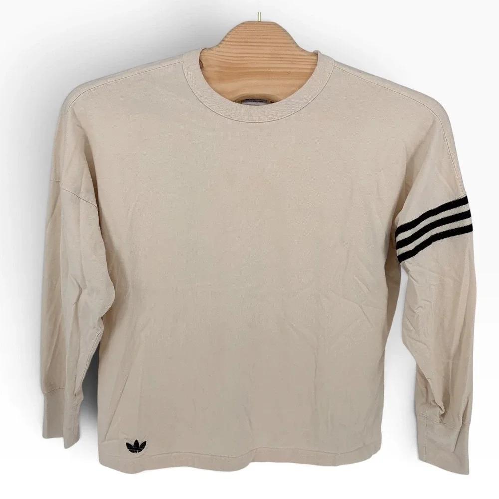 Adidas Long Sleeve Shirt Medium Beige 3-Stripe Drop Shoulder HS1525